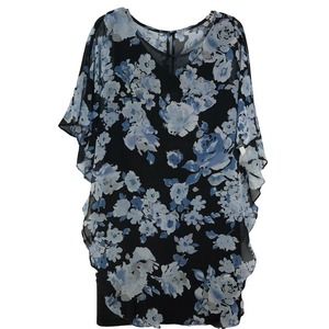 CONNECTED APPAREL Womens 6 Blue Floral Cape Over Black Dress Flutter Sleeve-260